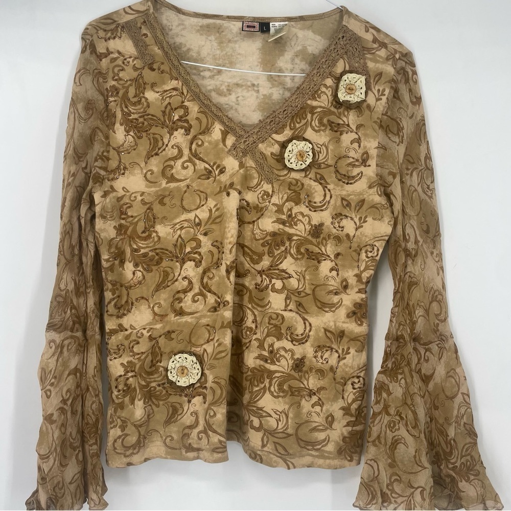 Forbidden Wide Angel Sleeve Beaded Blouse Large Brown Crochet Floral Whimsygoth